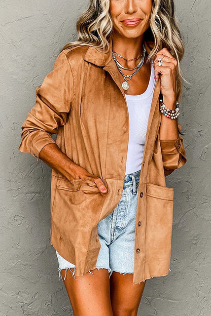 Velina Moda | Faux Suede Casual Jacket with Pockets and Button Placket