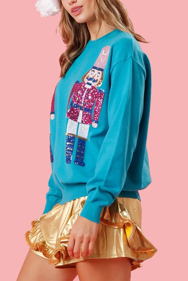 Velina Moda | Christmas Guardian Sequins Round Neck Casual Loose Sweatshirt