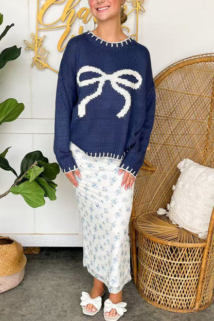 Velina Moda | Christmas Bow Contrast Color Included Edge Long Sleeve Knitted Sweater