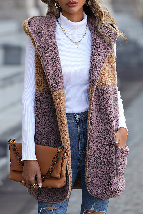 Velina Moda | Sleeveless Colorblock Pocketless Mid-Length Cardigan Puff Velour Jacket