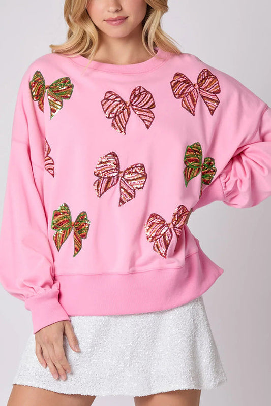 Velina Moda | Christmas Bow Sequin Loose Casual Long Sleeve Sweatshirt