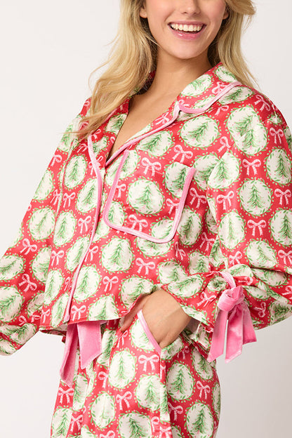 Velina Moda | Christmas Printed Velour Lacing Long Sleeve Pocket Top and Elastic Waist Pants Set