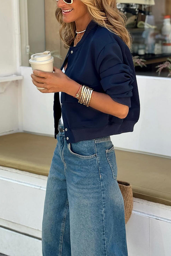 Velina Moda | Neck Long Sleeve Short Baseball Jacket
