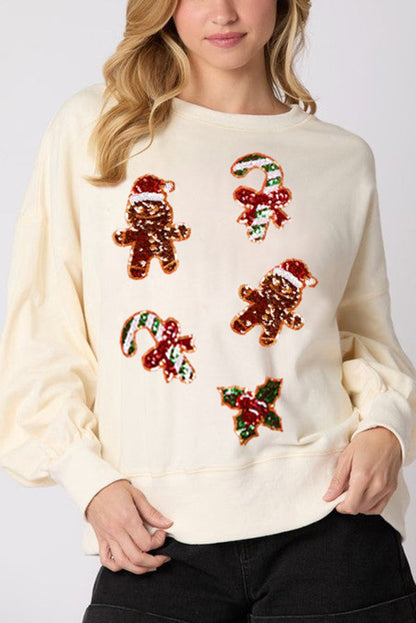 Velina Moda | Christmas Gingerbread Man Sequin Casual Long Sleeve Sweatshirt