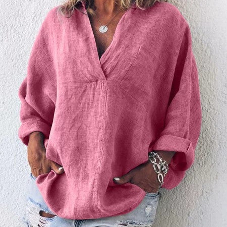 Loose linen blouse with V-neck