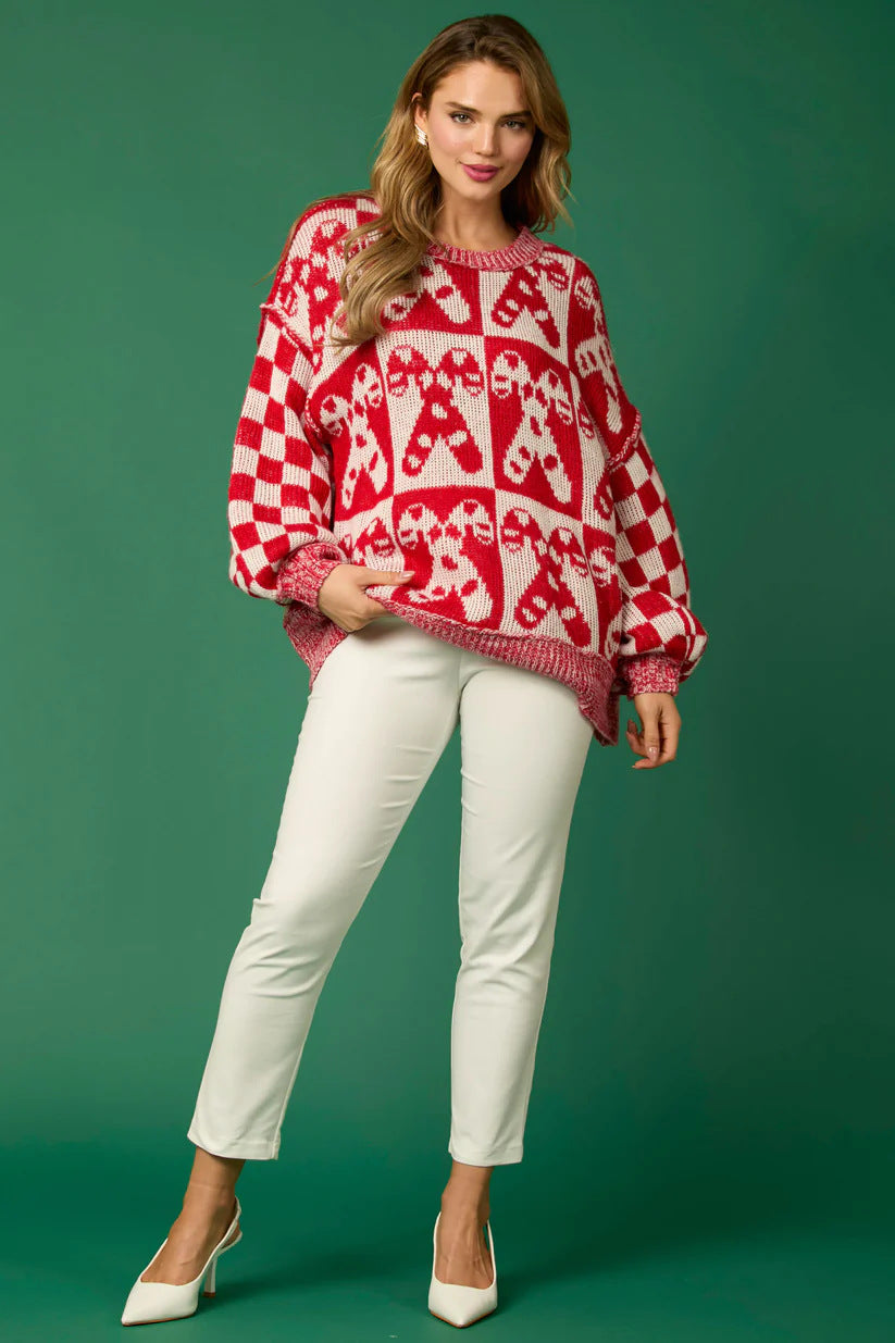 Velina Moda | Candy Cane Christmas Pins & Gingerbread Man Knit Sweater
