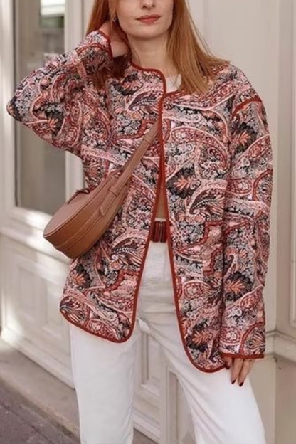 Velina Moda | Print Loose V-Neck Cardigan Cotton Jacket