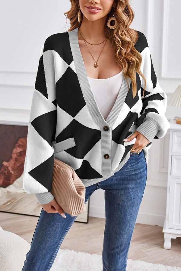 Velina Moda | Neck Geometric Patchwork Contrasting Knit Cardigan Casual Loose Jacket