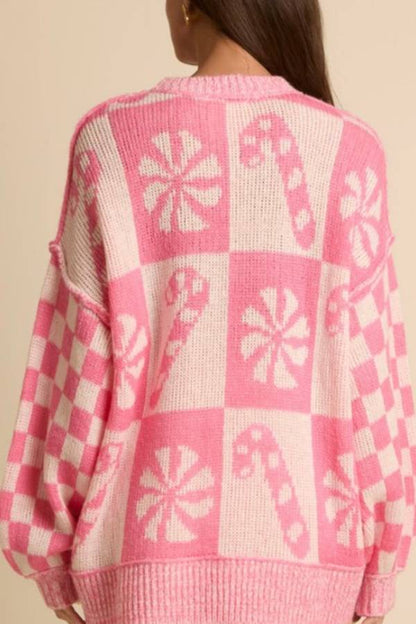 Velina Moda | Christmas Snowflake Candy Round Neck Long Sleeve Loose Knit Sweater