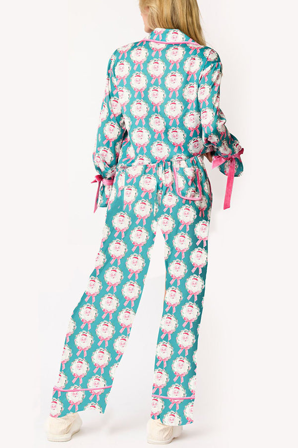 Velina Moda | Christmas Printed Velour Lacing Long Sleeve Pocket Top and Elastic Waist Pants Set