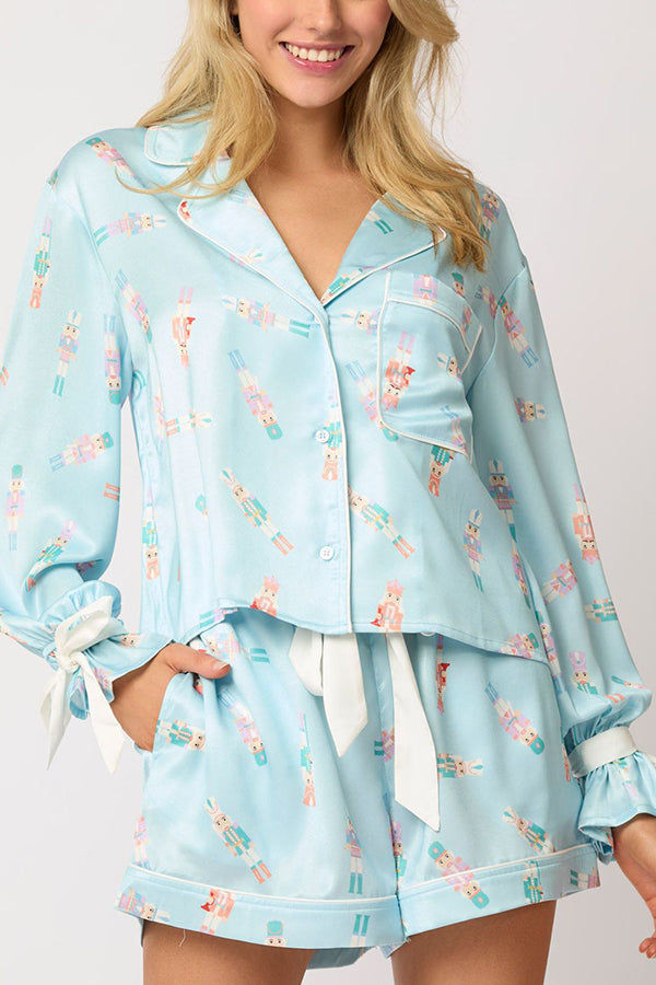 Velina Moda | Christmas Print Lace-Up Cuff Top and Elastic Waistband Pockets Casual Shorts Set
