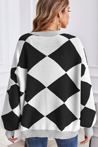 Velina Moda | Neck Geometric Patchwork Contrasting Knit Cardigan Casual Loose Jacket