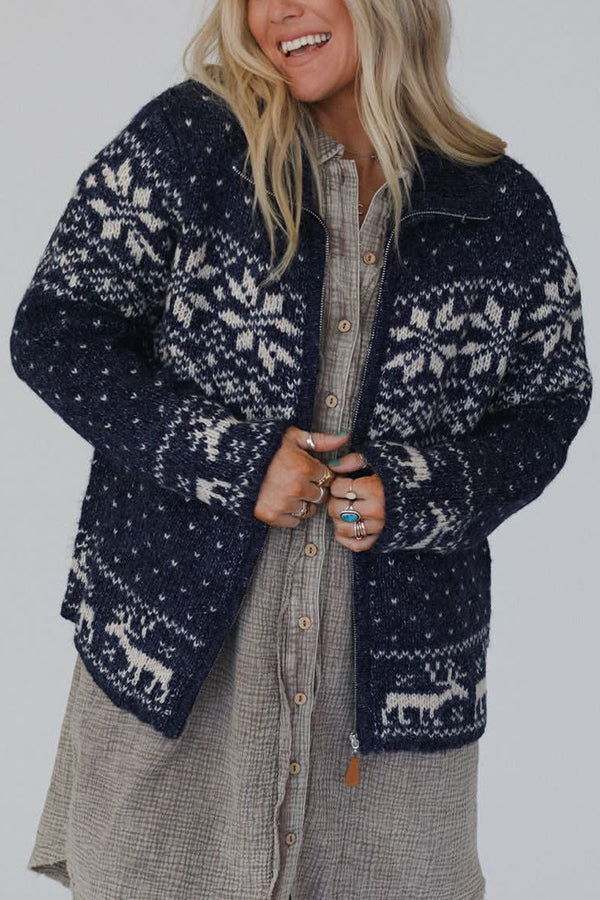 Velina Moda | Christmas Snowflake Moose Zip Long Sleeve Sweater