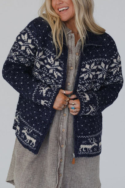 Velina Moda | Christmas Snowflake Moose Zip Long Sleeve Sweater