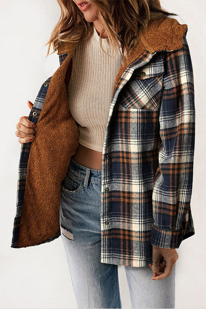 Velina Moda | Button Sherpa Lined Hooded Flannel Jacket