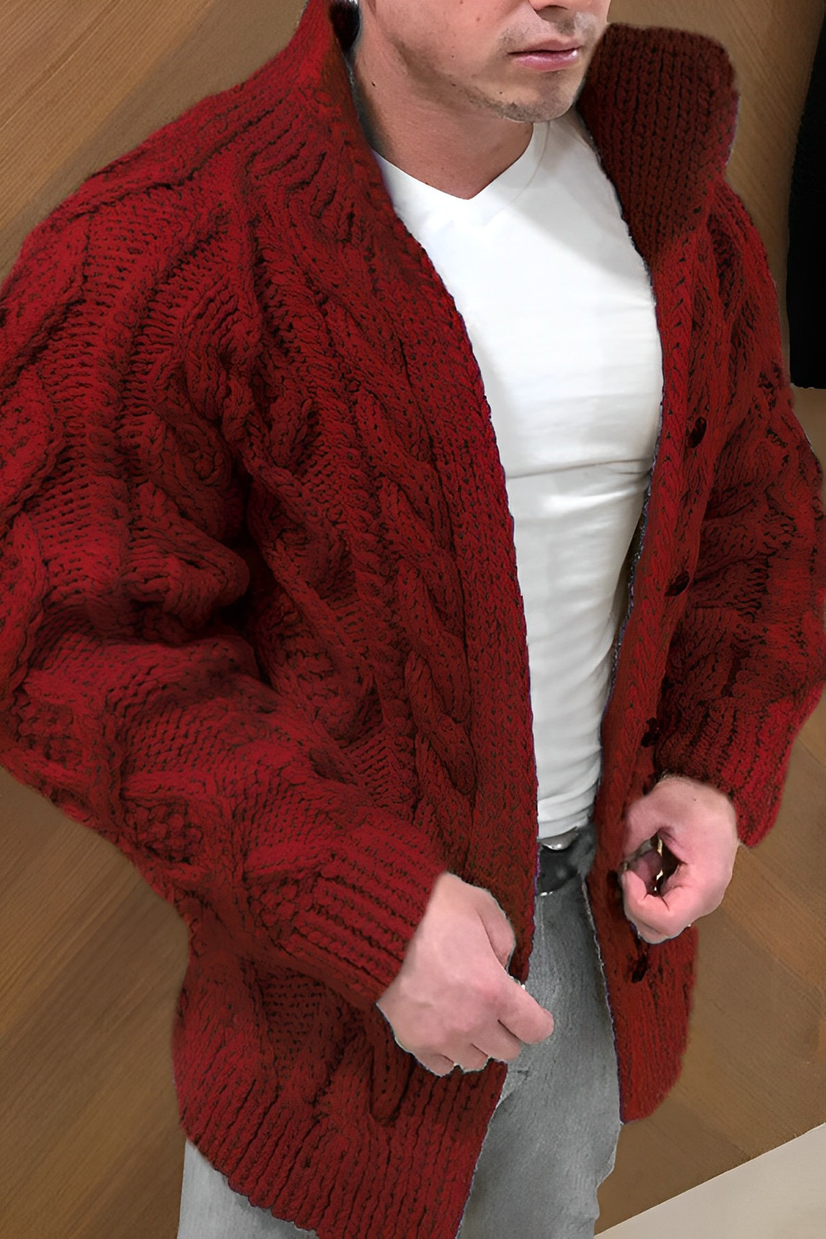Warm knit cardigan with cable knit pattern