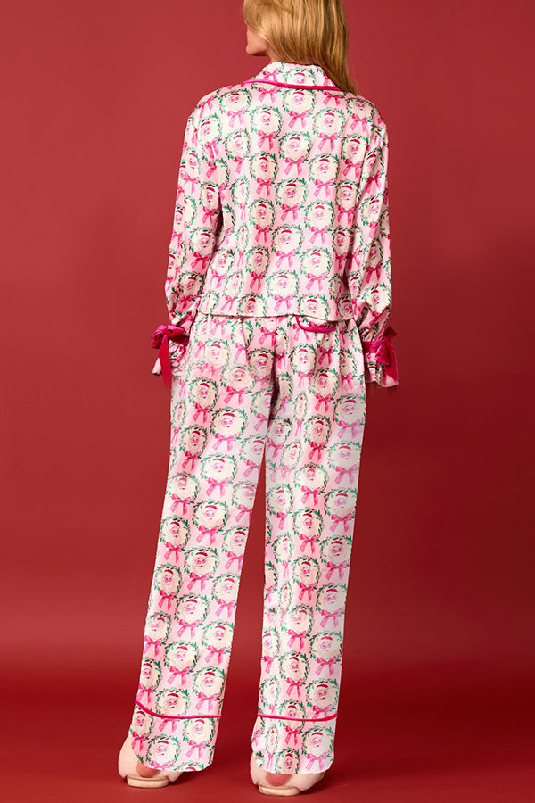 Velina Moda | Christmas Printed Velour Lacing Long Sleeve Pocket Top and Elastic Waist Pants Set