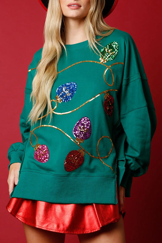 Velina Moda | Christmas Lights Sequins Slit Pullover Sweatshirt