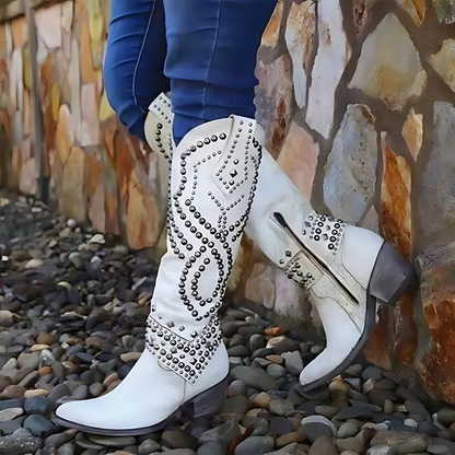 Valeria – High cowboy boots with an aged effect, metallic studs, and medium heel