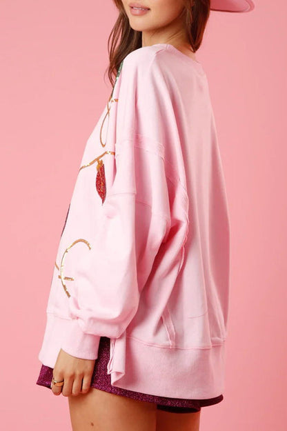 Velina Moda | Christmas Lights Sequins Slit Pullover Sweatshirt