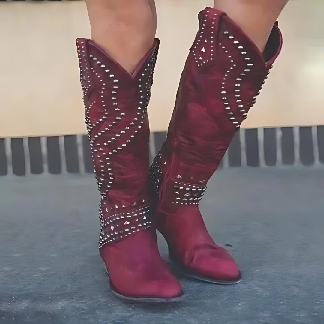 Valeria – High cowboy boots with an aged effect, metallic studs, and medium heel