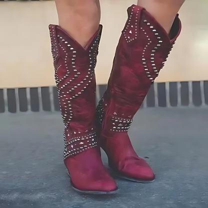 Valeria – High cowboy boots with an aged effect, metallic studs, and medium heel