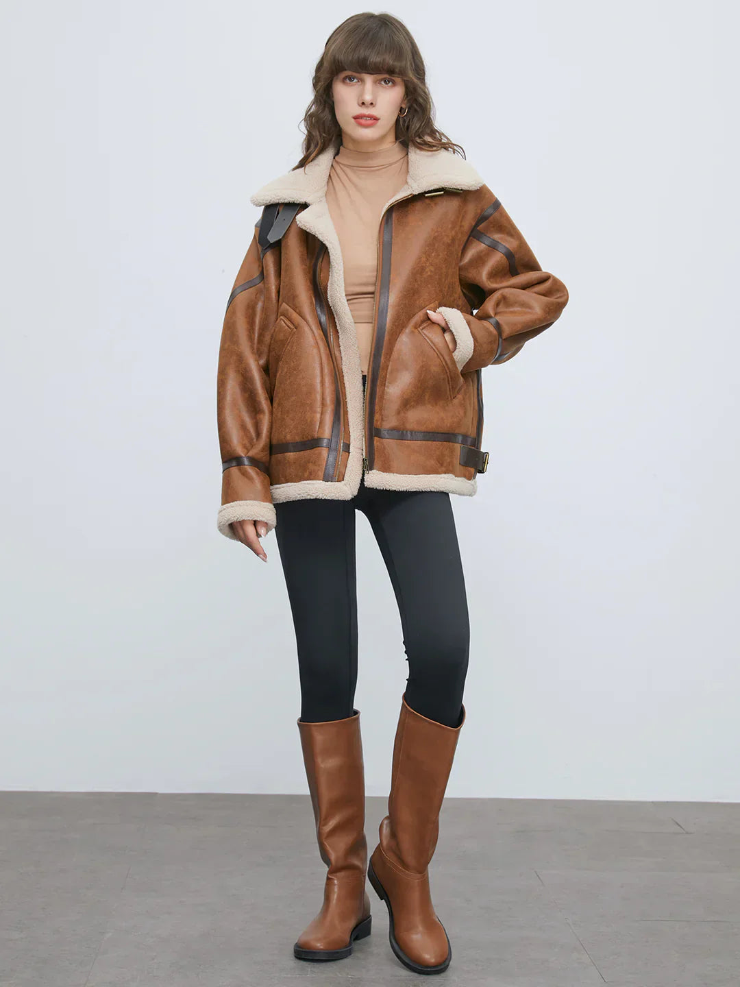 Velina Moda | Padded Suede Shearling Flight Jacket
