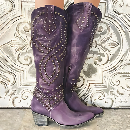 Valeria – High cowboy boots with an aged effect, metallic studs, and medium heel