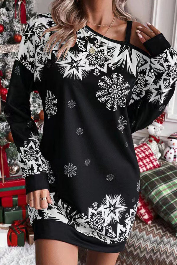 Velina Moda | Christmas Snowflake Cold Shoulder Loose Sweatshirt Mini Dress