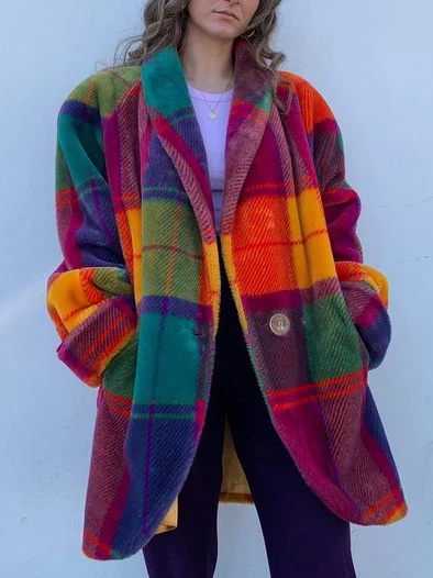 Velina Moda | Coat - Oversized checked coat with colorful design for women
