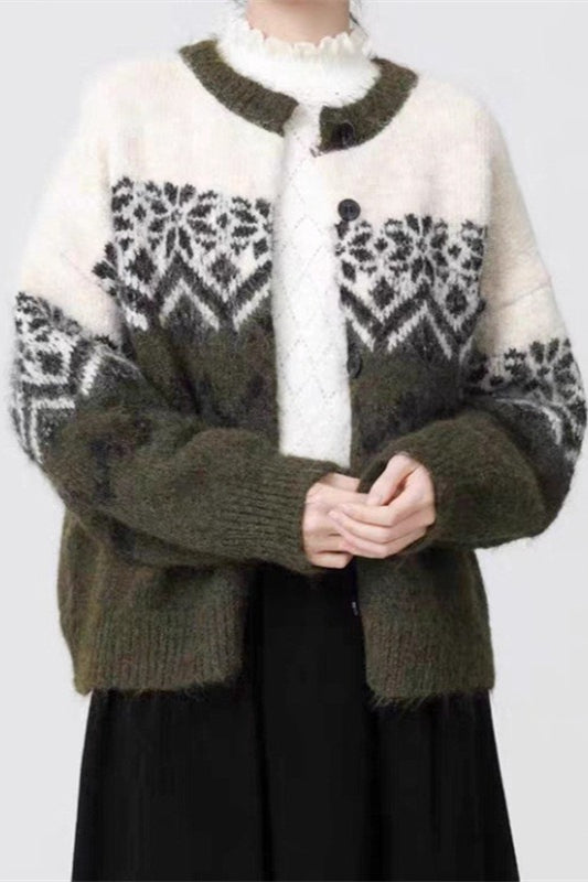 Velina Moda | Retro Nordic Christmas Snowflake Jacquard Cardigan