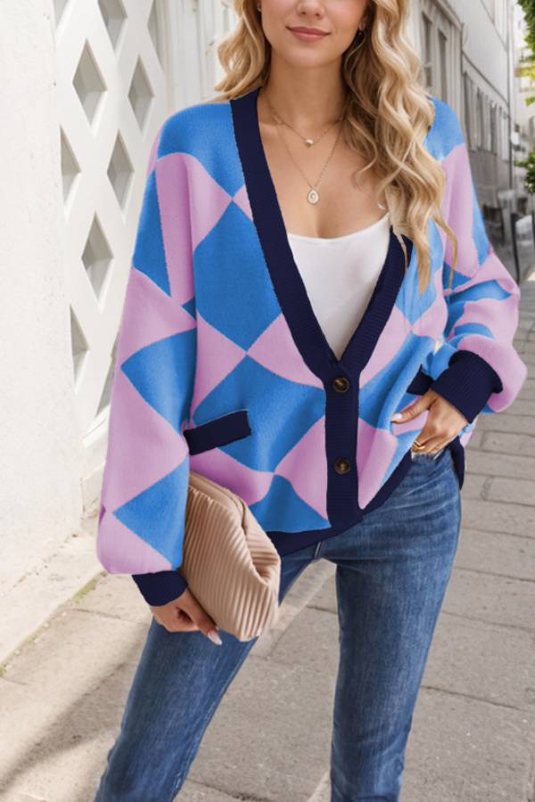 Velina Moda | Neck Diamond Stitch Contrast Color Loose Knit Cardigan Jacket for Women