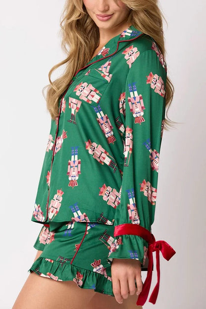 Velina Moda | Christmas Fashion Printed Bow Top and Elastic Waist Ruffle Shorts Set