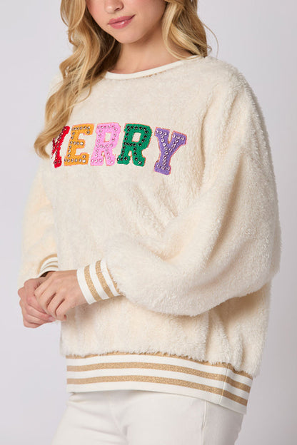 Velina Moda | Christmas Letters Rhinestone Long Sleeve Round Neck Sweatshirt