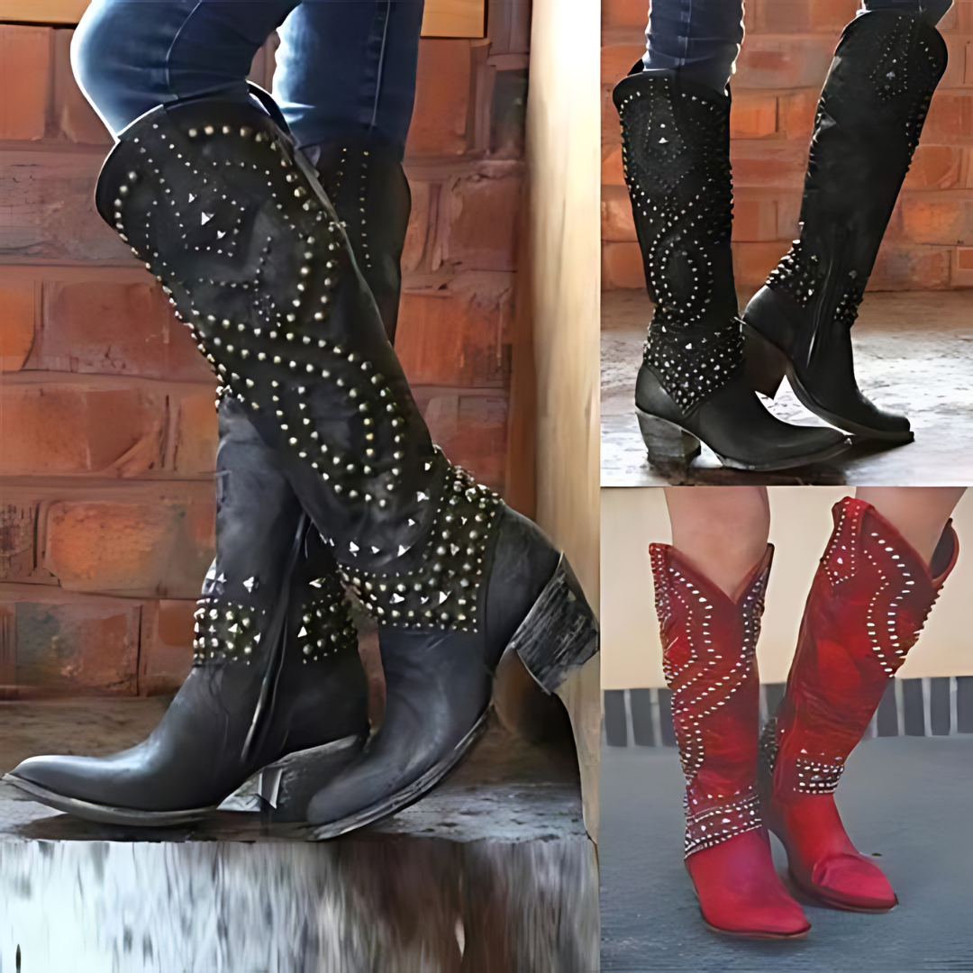 Valeria – High cowboy boots with an aged effect, metallic studs, and medium heel