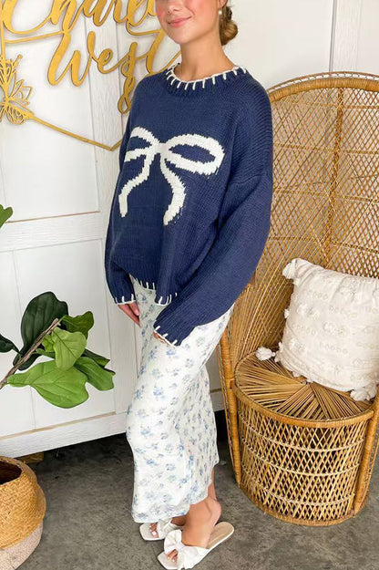 Velina Moda | Christmas Bow Contrast Color Included Edge Long Sleeve Knitted Sweater