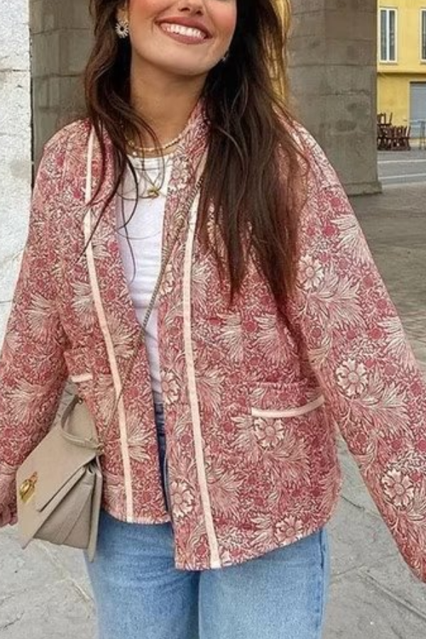 Velina Moda | Print Loose V-Neck Cardigan Cotton Jacket