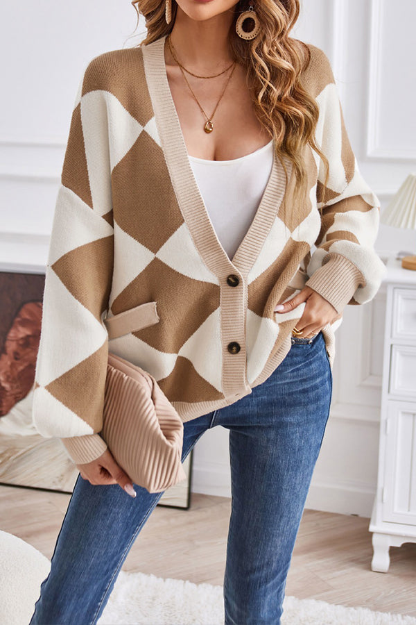 Velina Moda | Neck Geometric Patchwork Contrasting Knit Cardigan Casual Loose Jacket