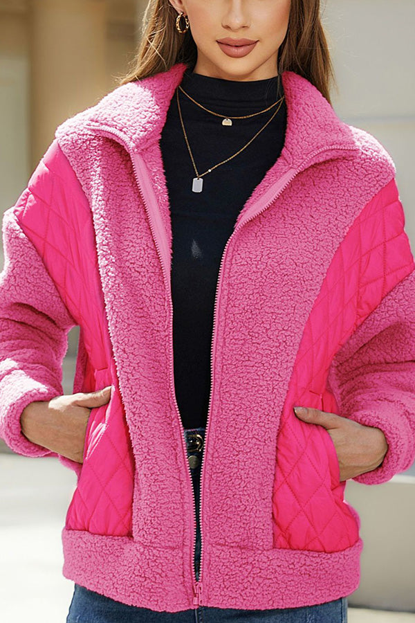 Velina Moda | Long Sleeve Cardigan with Zipper Made Of Plush Patchwork Women'S Jacket