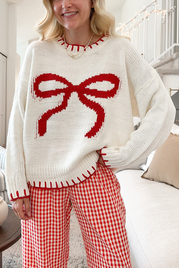 Velina Moda | Christmas Bow Contrast Color Included Edge Long Sleeve Knitted Sweater