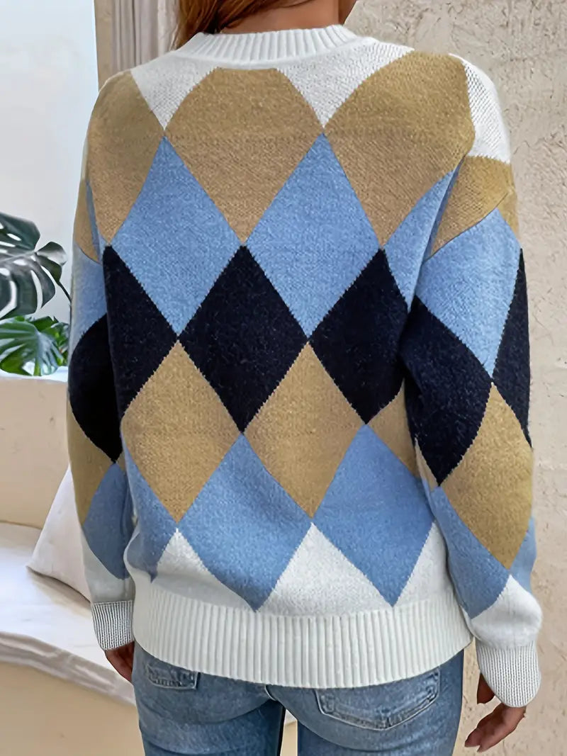 Velina Moda | Check pattern round neck sweater for timeless elegance