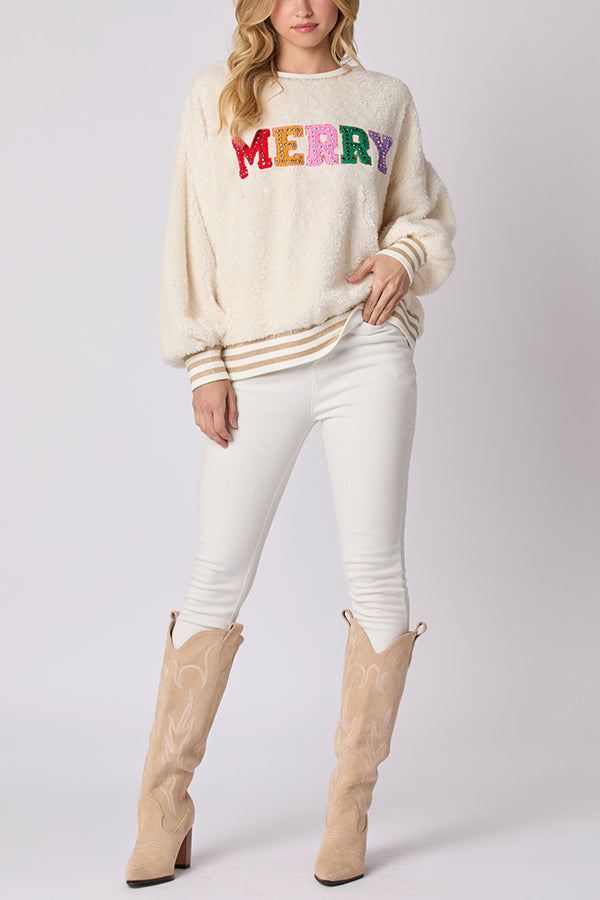 Velina Moda | Christmas Letters Rhinestone Long Sleeve Round Neck Sweatshirt