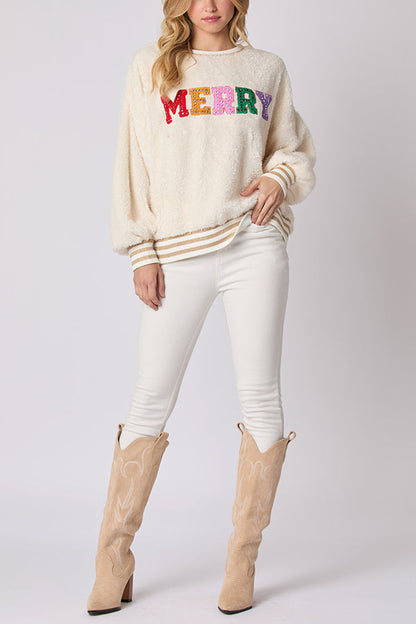 Velina Moda | Christmas Letters Rhinestone Long Sleeve Round Neck Sweatshirt
