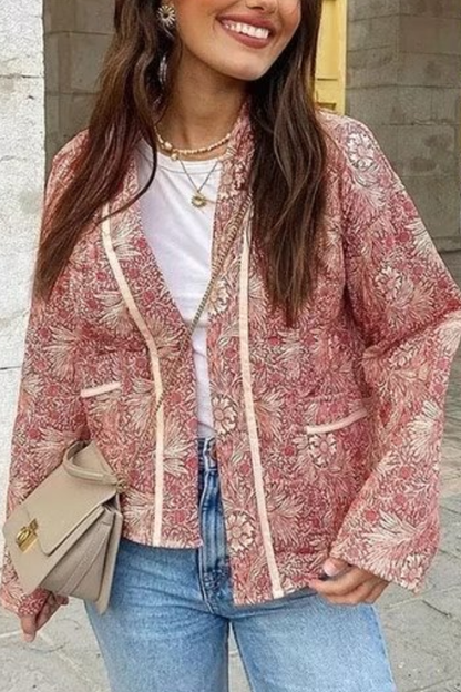 Velina Moda | Print Loose V-Neck Cardigan Cotton Jacket