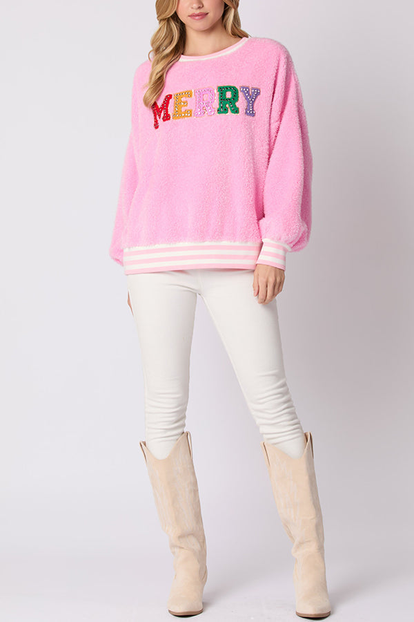 Velina Moda | Christmas Letters Rhinestone Long Sleeve Round Neck Sweatshirt