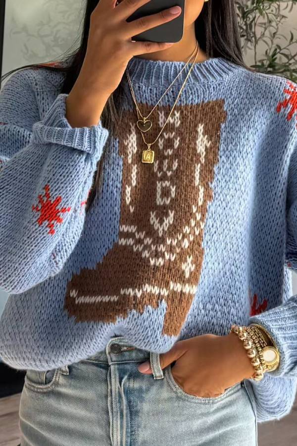 Velina Moda | Christmas Knit Boots Round Neck Long Sleeve Sweater