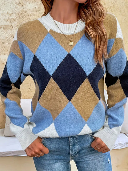 Velina Moda | Check pattern round neck sweater for timeless elegance