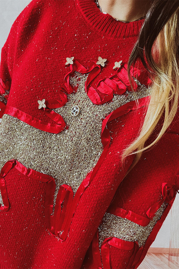 Velina Moda | Christmas Pattern Knitted Round Neck Long Sleeve Sweater