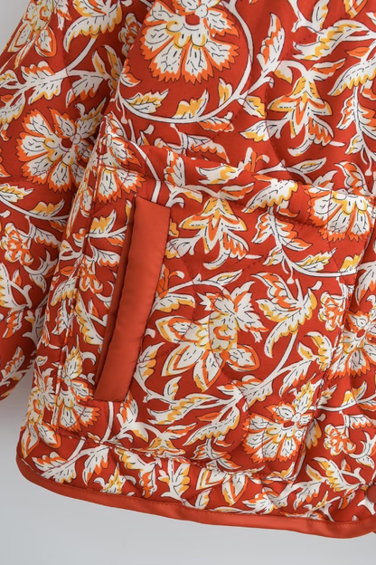 Velina Moda | Neck Floral Print Loose Quilted Cotton Jacket