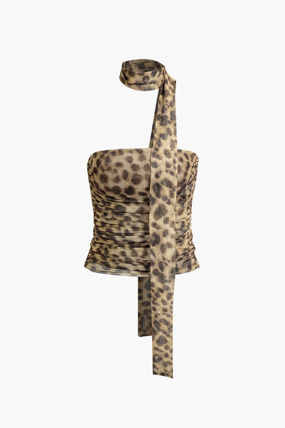 Halter top net with leopard print